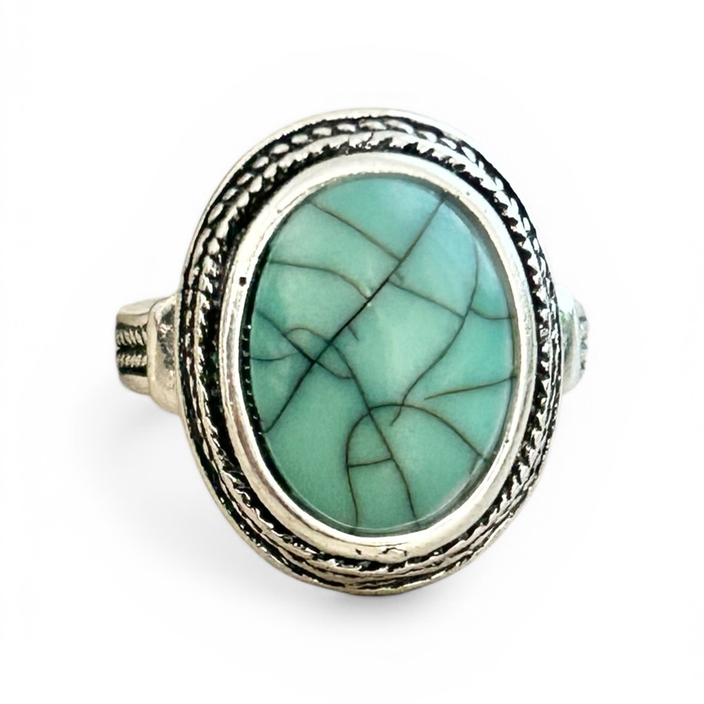 Vintage-Inspired Faux Turquoise Oval Statement Ring Size 7